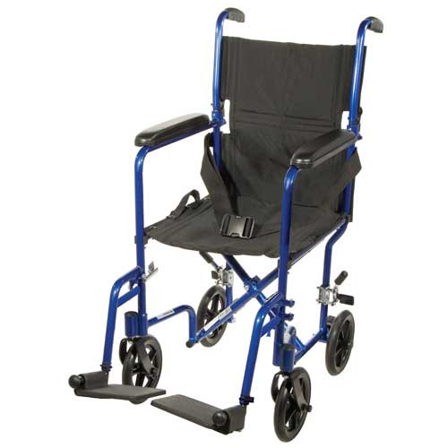 TRANSPORT CHAIR 19IN W/FOOTRESTS BLACK UPHOLSTERY BLUE ALUM FRAME 8IN WHEELS 300LB CAP (EA) [500-TC19-BLU]