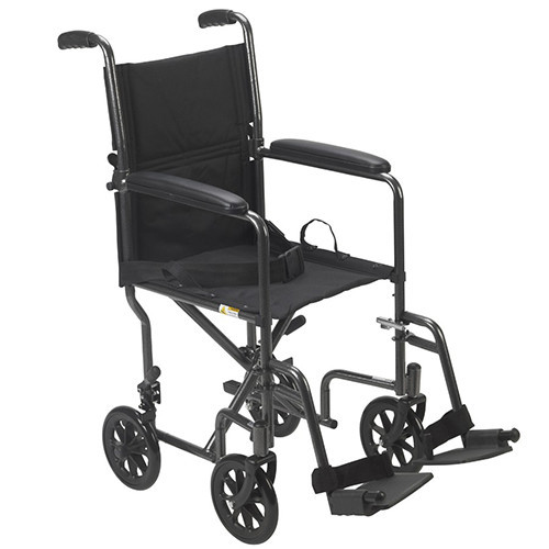 TRANSPORT CHAIR 17IN W/FOOTRESTS BLACK UPHOLSTERY SILVER STEEL FRAME 8IN WHEELS 300LB CAP (EA) [500-TCS17-SL]