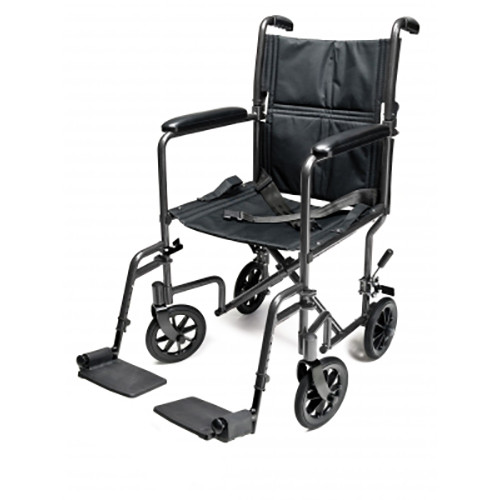 TRANSPORT CHAIR 19IN W/FOOTRESTS BLACK UPHOLSTERY BLACK STEEL FRAME 8IN WHEELS 250LB CAP (EA) [075-EJ796-1]