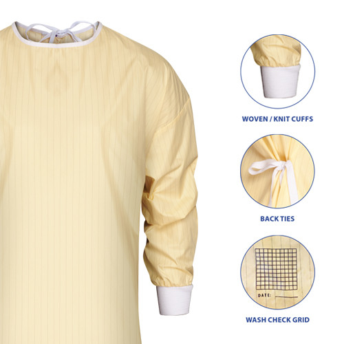 GOWNS REUSE ISOLATION FLUID RESISTANT SLEEVE CUFF/TIE WAIST AAMI LEVEL 1 99% POLY 1% CARBON FIBER LG 43.5INW X 58INL YELLOW W/PINSTRIPE (6DZ/CS) [500-INFGOWN-FR2]
