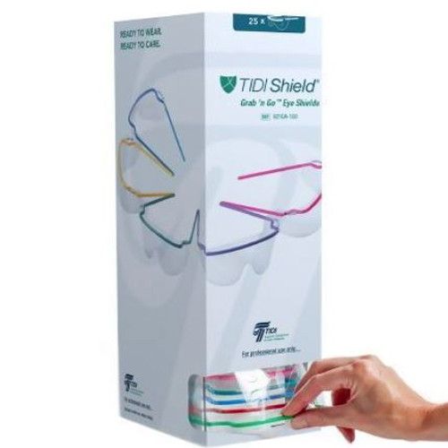 GOGGLES EYE SAFETY SHIELDS ASSORTED COLOR FRAMES & DISPENSER BOX TIDI SHIELD (25/BX 4BX/CS) [035-9210A-100]