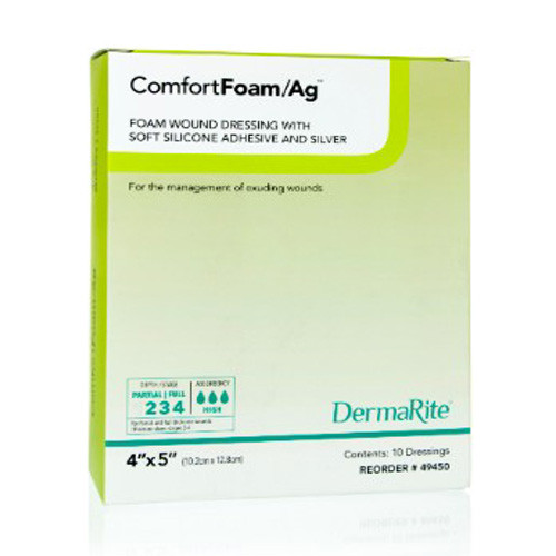 DRESSINGS FOAM SILICONE SELF-ADH BORDER W/SILVER LF ST 4IN X 5IN AG (10/BX) [600-49450]