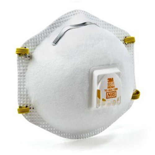 MASKS N95 DUST PARTICULATE RESPIRATOR NIOSH CERTIFIED CUP STYLE W/COOL FLOW VALVE STAPLED BRAIDED ELASTIC STRAP METAL ADJ M-NOSE CLIP 5INW X 4.5INH WHITE 3M MADE USA (10/BX 8BX/CS) [3M8511]