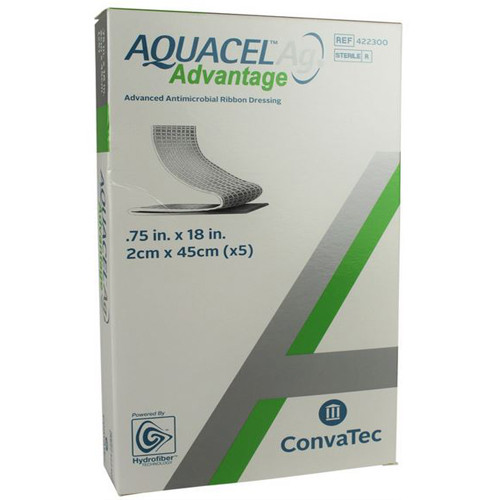DRESSINGS HYDROFIBER ANTIMICROBIAL W/SILVER RIBBON NON-ADH LF ST .75IN X 18IN AQUACEL AG ADVANTAGE (5/BX 20BX/CS) [CVT4223-00-EA]