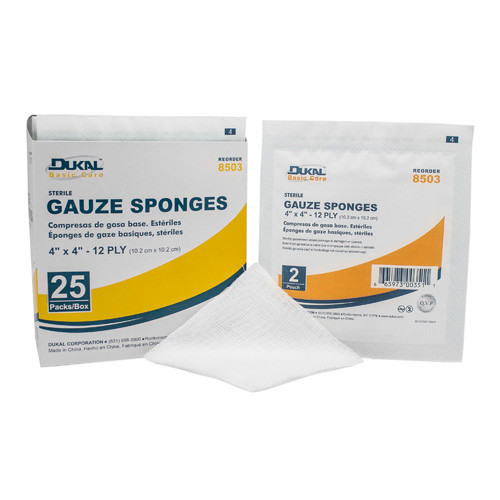 DRESSINGS GAUZE SPONGES ST 12PLY 4IN X 4IN DUKAL (2/PK 25PK/BX 24BX/CS) [500-4S12-PK]