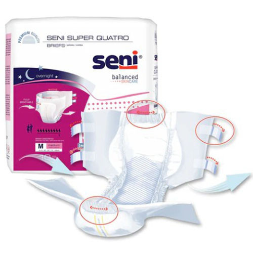BRIEFS DIAPERS ADULT SUPER QUATRO ABS DISP LF 30-43IN MD WHITE SENI (10/PK 4PK/CS) [100-ME10-BQ1]