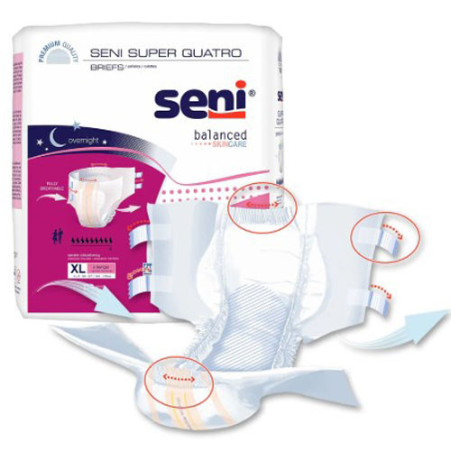 BRIEFS DIAPERS ADULT SUPER QUATRO ABS DISP LF 55-67IN XL WHITE SENI (8/PK 4PK/CS) [100-XL08-BQ1]
