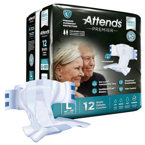BRIEFS DIAPERS ADULT HVY ABS DISP LF 44-58IN LG WHITE ATTENDS PREMIER BRIEFS (12/PK 4PK/CS) [338-ALI-BR30]