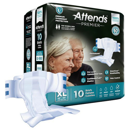 BRIEFS DIAPERS ADULT HVY ABS DISP LF 58-68IN XL WHITE ATTENDS PREMIER BRIEFS (10/PK 4PK/CS) [338-ALI-BR40]