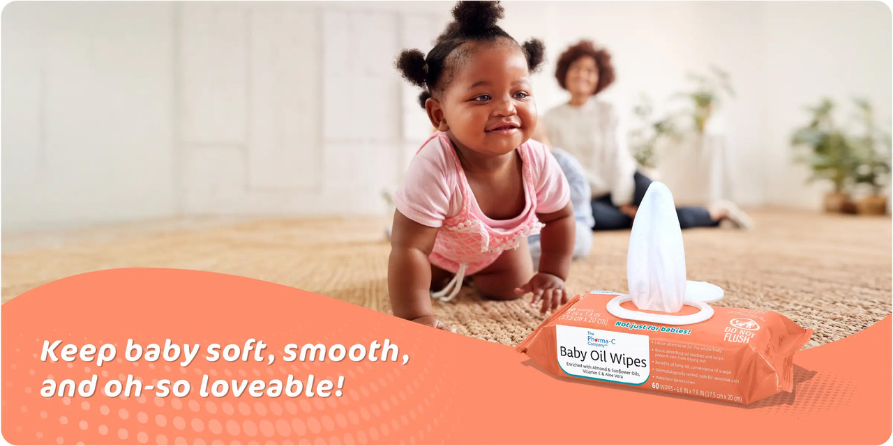Baby Oil Wipes from Pharma-C. Get all the benefits of baby oil in a mess-free, convenient wipe.