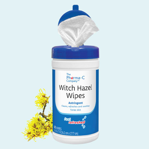 Pharma-C Witch Hazel Wipes are a natural facial toner and astringent, 40 wipes per canister, 6 canisters per case