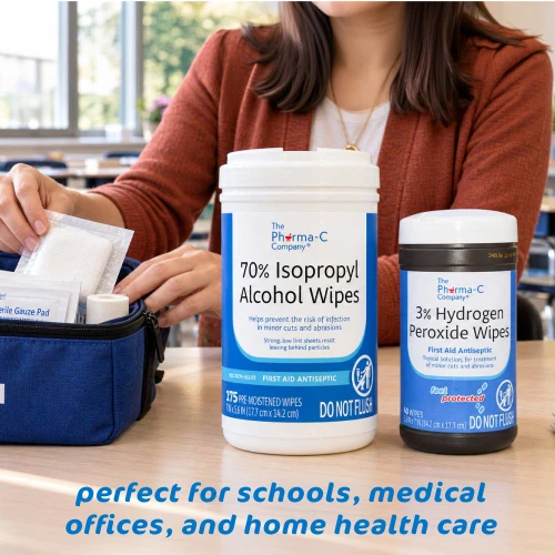 The Pharma-C Company's 70% Isopropyl Alcohol Wipes are medical offices, schools, daycares, and home health care.