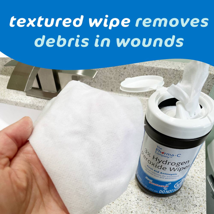 Pharma-C 3% Hydrogen Peroxide Wipes are textured to remove lint and debris from wounds.