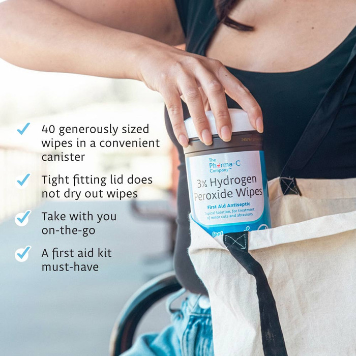 Pharma-C 3% Hydrogen Peroxide Wipes come in a convenient canister take with you on the go.