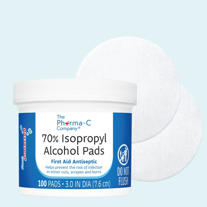 Pharma-C 70% Isopropyl Alcohol Pads are a 100 count compact jar, 12 jars per case