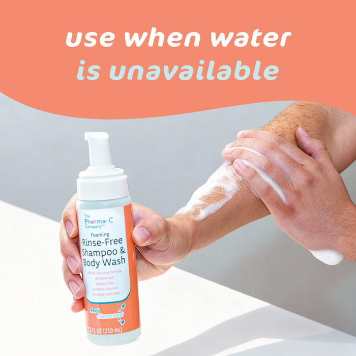 Pharma-C Rinse Free Shampoo & Body Wash can be used to cleanse hair and body when water is not available