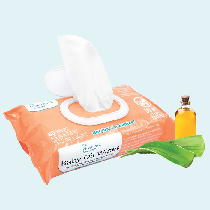 Pharma-C Baby Oil Wipes are a mess-free moisturizing baby oil alternative, 60 count pack, 9 packs per case