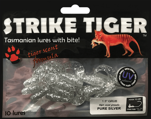 Strike Tiger 1.5" grub - PURE SILVER (10 pack)