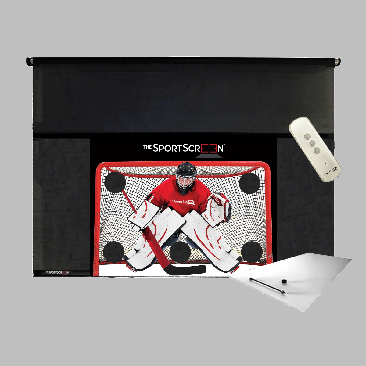 The SportScreen Remote Controlled Rollup Shooting Tarp + Shooting Pad Bundle from xHockeyProducts.ca Canada