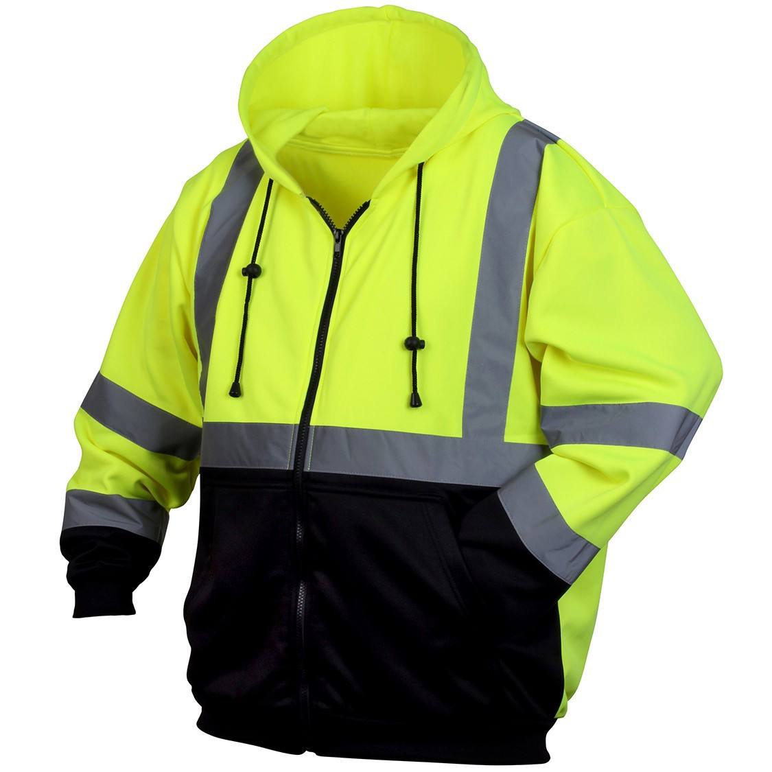 Class 3 Hi-Vis Hooded Zippered Sweatshirts with Black Forearms and