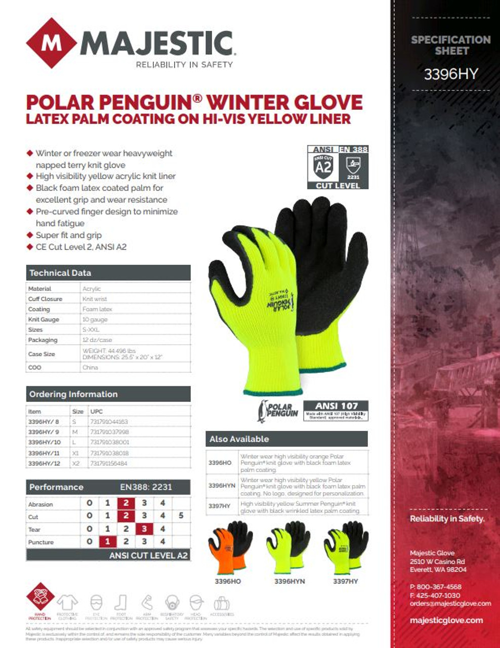 Majestic Glove Polar Penguin 3396HY  Foam Latex Palm Coated, Black/Hi-Vis 