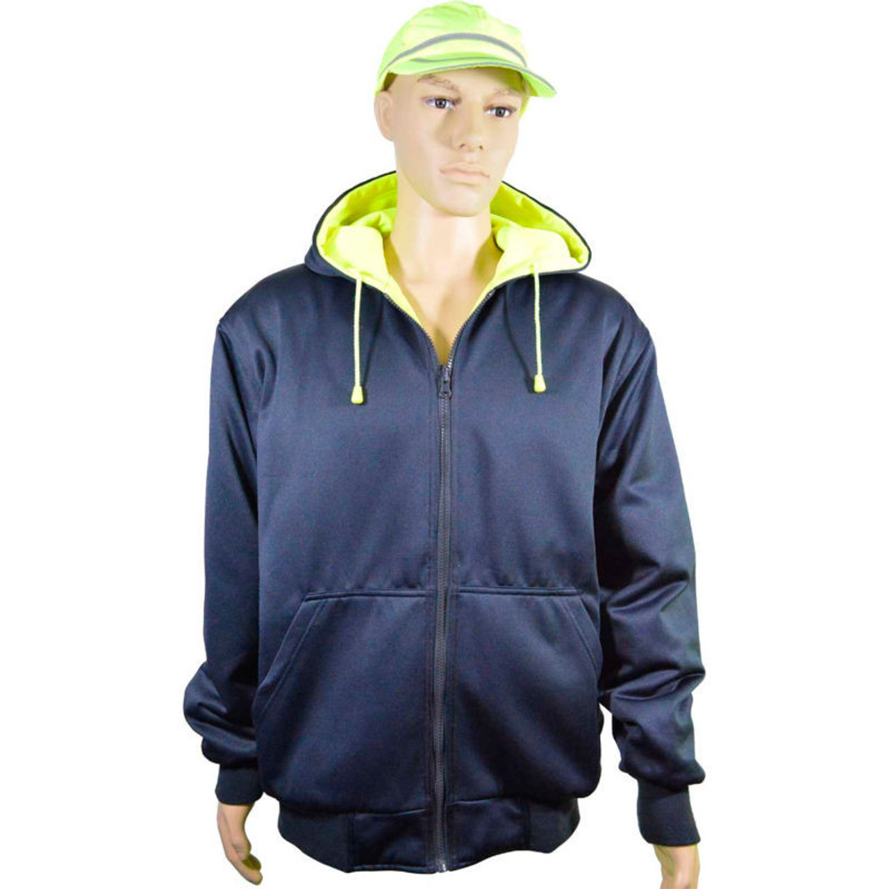 Double Weight (20 Oz.) Lime/Navy Reversible ANSI Class 3 Zip-Up Hooded Sweatshirt