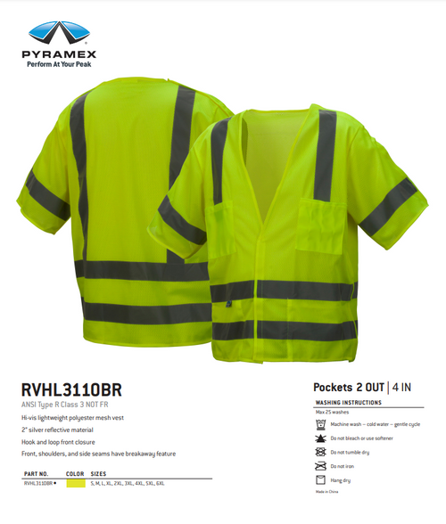 Pyramex RVHL3110BR Type R Class 3 Breakaway Safety Vest