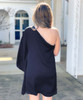 Hammered Satin One Sleeve Draped Mini Dress - Black