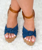  Siena Fabric Bow Platform Wedge Sandals With Upper Ankle Strap - Denim 