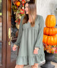  Miss Me More Long Puff Sleeve Dress - Olive 