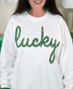 faux tinsel lucky white sweatshirt close up