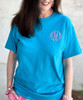 Monogrammed turquoise tee close up