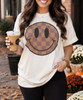 brown checkered smile tee model image close up