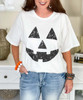 faux sequin jack o lantern face tee close up