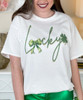 lucky shamrock bow tee close up