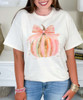 pink brushstroke pumpkin with bow tee close up
