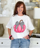 pink pumpkin with black and white checkered bow tee