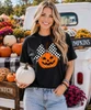 jack o lantern with checkerboard bow graphic shirt model image