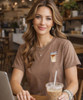 pocket iced coffee with bow graphic tee model