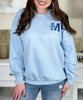 initial with bow sweatshirt light blue close up