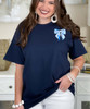 pocket blue gingham bow with pearls tee close up