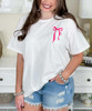 pocket stacked monogrammed pink bow tee close up