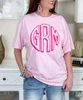 pink circle monogram tee model image close up
