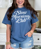 distressed slow mornings club tee close up