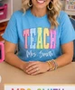 personalized stripe teach with name tee model image close up