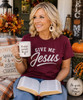 distressed give me jesus maroon tee model image
