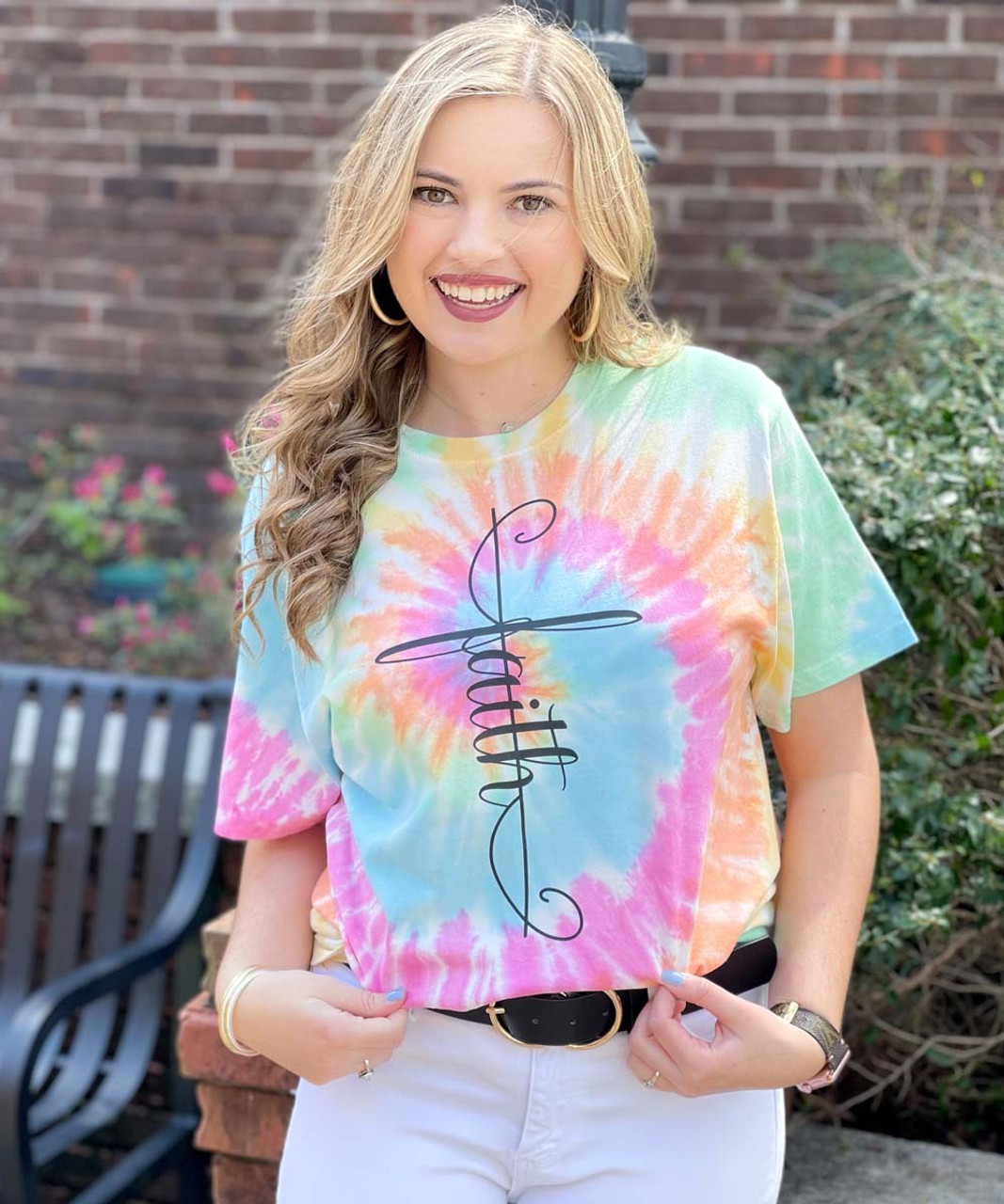 Faith Tie Dye Tee Pastel Rainbow