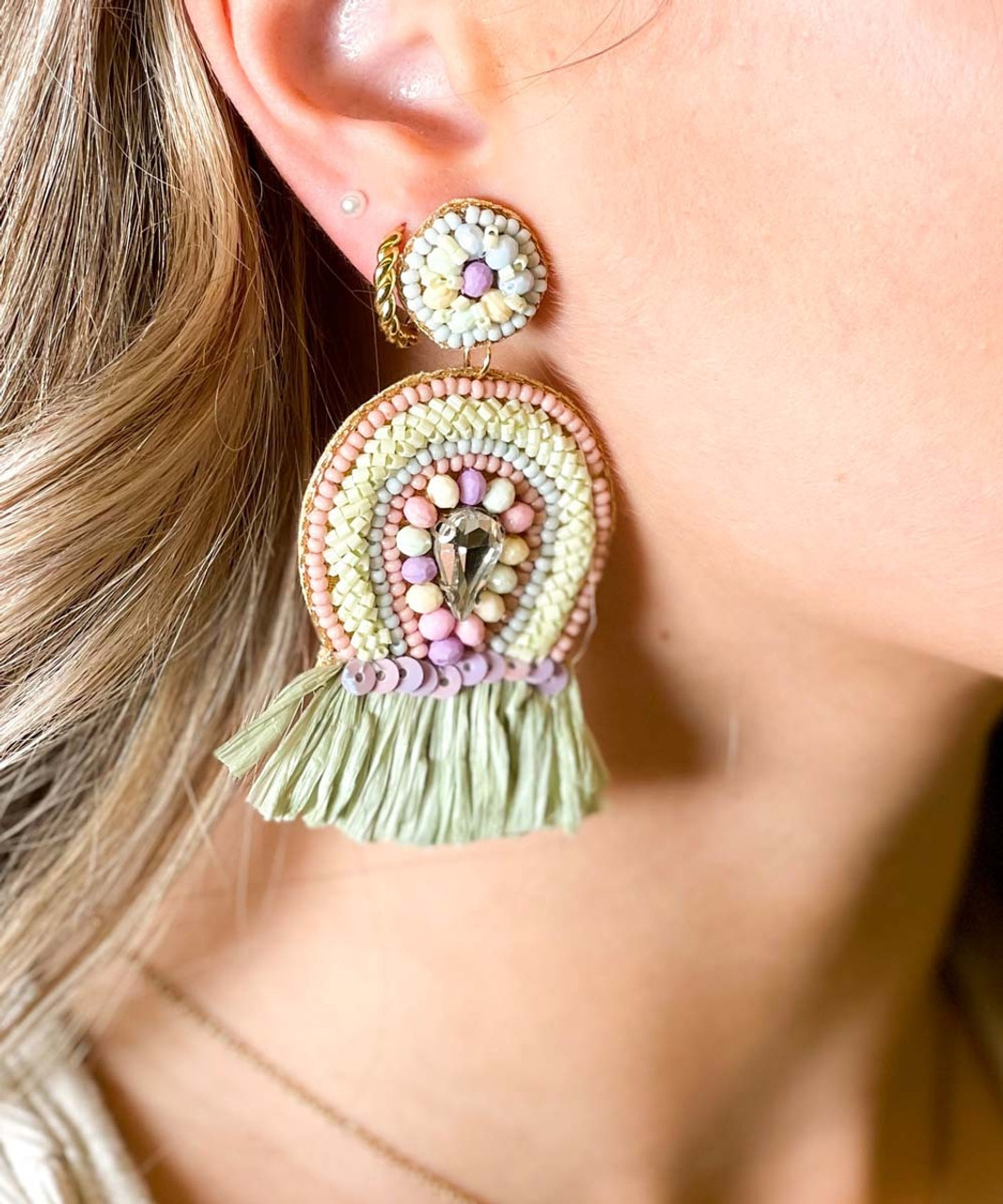 Adorne Raffia Fringe Statement Earrings  Magenta