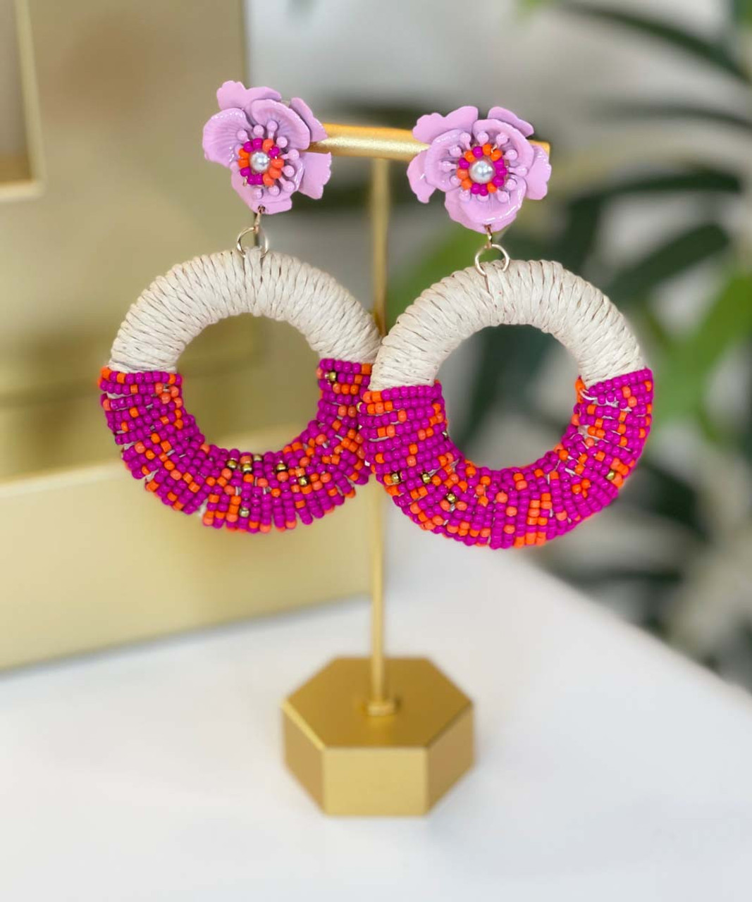 Summer Garden Raffia And Beads Circle Link Flower Earrings - Pink