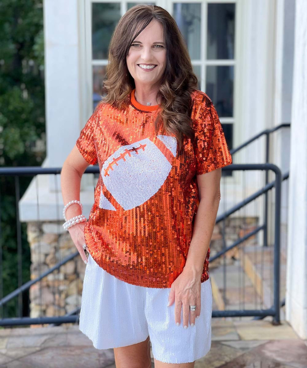 Go Team Football Sequin Top - Orange/White